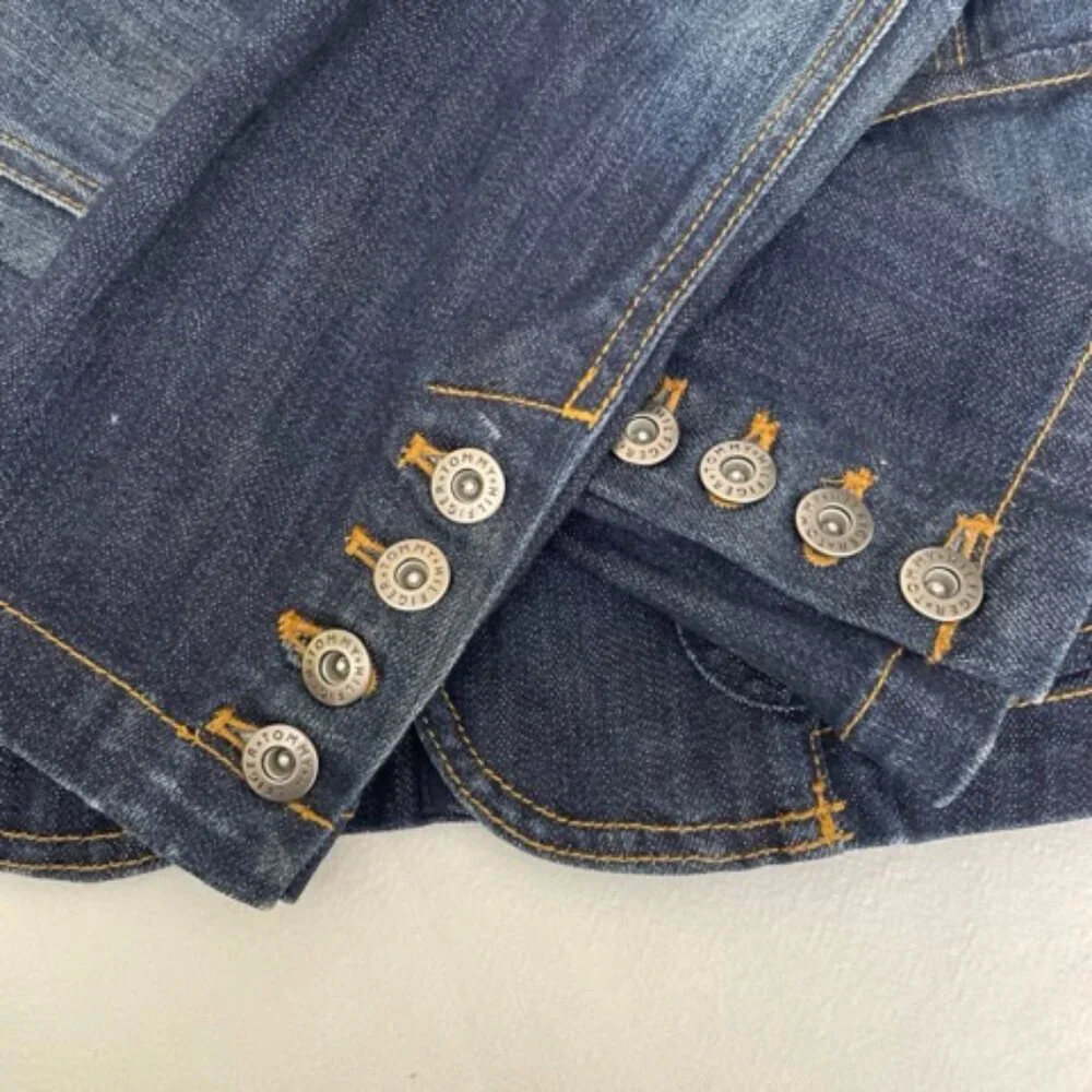 Tommy Hilfiger Blue Denim Jean Jacket Women's Sz M Studs on Pockets Cropped - Picture 5 of 6